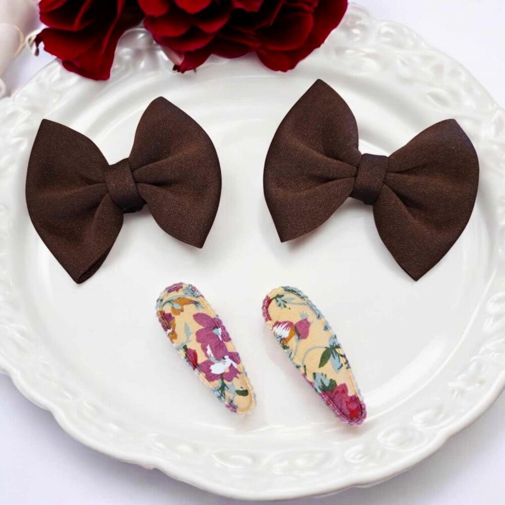 Brown Floral Hair Bow Clippies Set